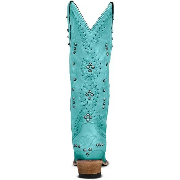 Women's Blue Leather Embroidery Knee High Western Cowgirl Boots Lightweight - Picture 5 of 6